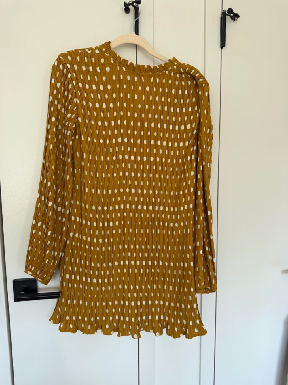 Lulus Mustard Polka Dot Pleated Long Sleeve Dress